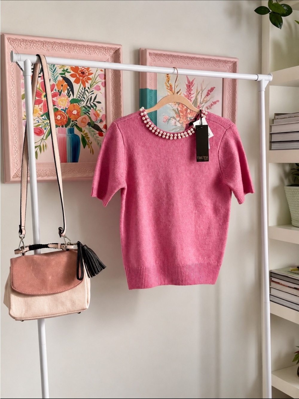 TRUTH Pink Short Sleeve Pearl-Trim Crewneck Sweater